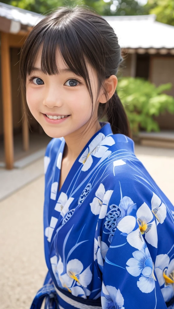 11 year old girl Japanese Blue yukata with iris pattern、yukata Realistic Skin Bigeyes smile
