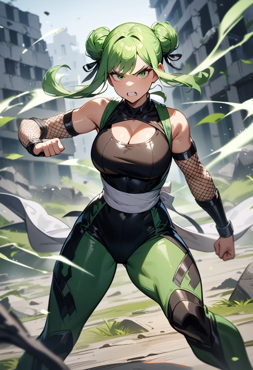 1girl,solo,super detailed skin,shiny skin,serious face,Clenching teeth,open mouth,green hair,sidelocks,double bun,eyelashes,lips gloss ,large breasts,fullbodysuit,fishnet arms,cleavage cutout,ninja clothes ,fighting stance,cowboy shot,wind magic,ruins,wide shot,masterpiece,best quality,ultra detailed,high resolution,sharp focus