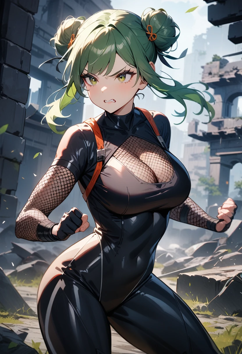 1girl,solo,super detailed skin,shiny skin,serious face,Clenching teeth,open mouth,green hair,sidelocks,double bun,eyelashes,lips gloss ,large breasts,fullbodysuit,fishnet arms,cleavage cutout,ninja clothes ,fighting stance,cowboy shot,wind magic,ruins,wide shot,masterpiece,best quality,ultra detailed,high resolution,sharp focus