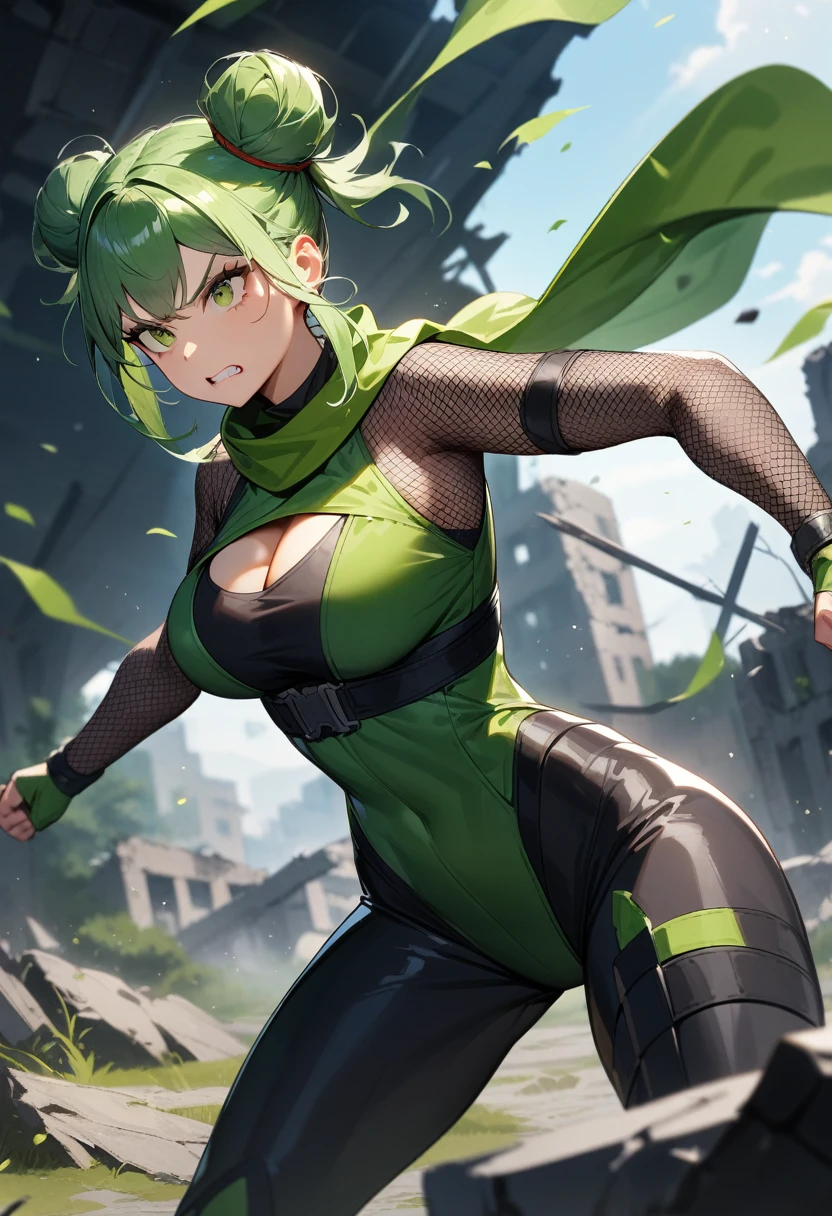 1girl,solo,super detailed skin,shiny skin,serious face,Clenching teeth,open mouth,green hair,sidelocks,double bun,eyelashes,lips gloss ,large breasts,fullbodysuit,fishnet arms,cleavage cutout,ninja clothes ,fighting stance,cowboy shot,wind magic,ruins,wide shot,masterpiece,best quality,ultra detailed,high resolution,sharp focus