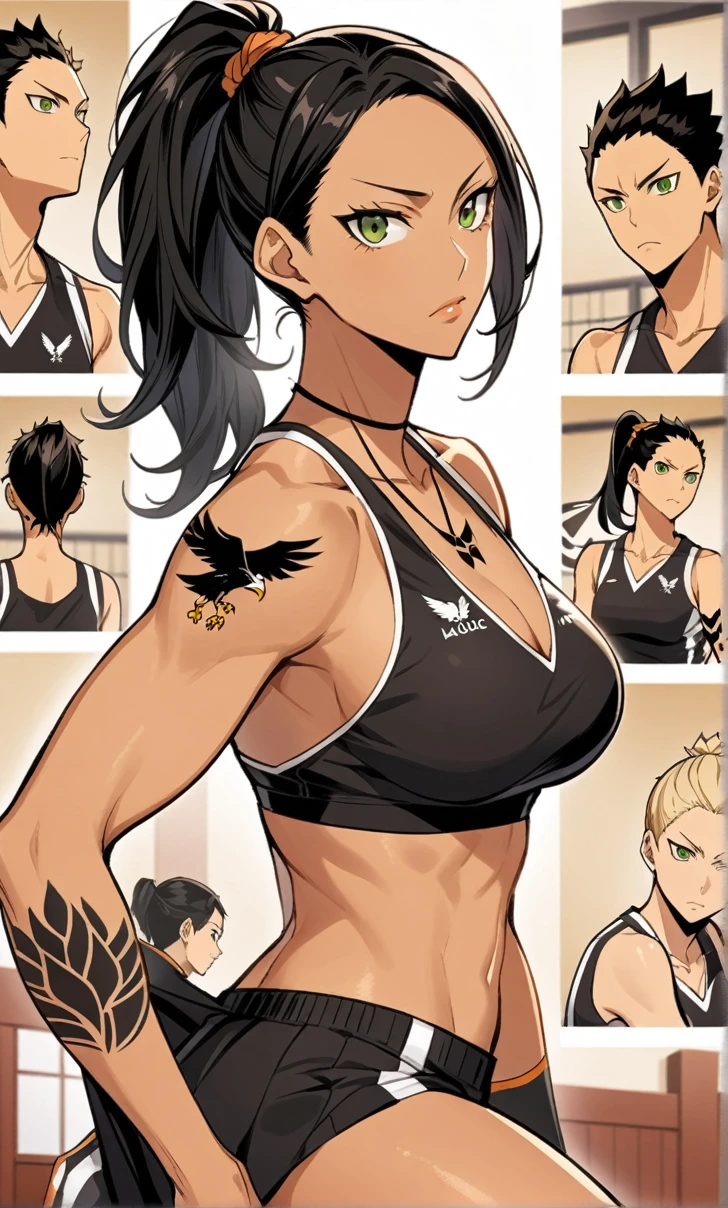 Woman, Athletic and toned body, light skin tone, long black hair tied in a ponytail, green eyes with a penetrating and seductive look, small tattoo of an eagle on the chest, breasts big, neckleace, haikyuu, comic style