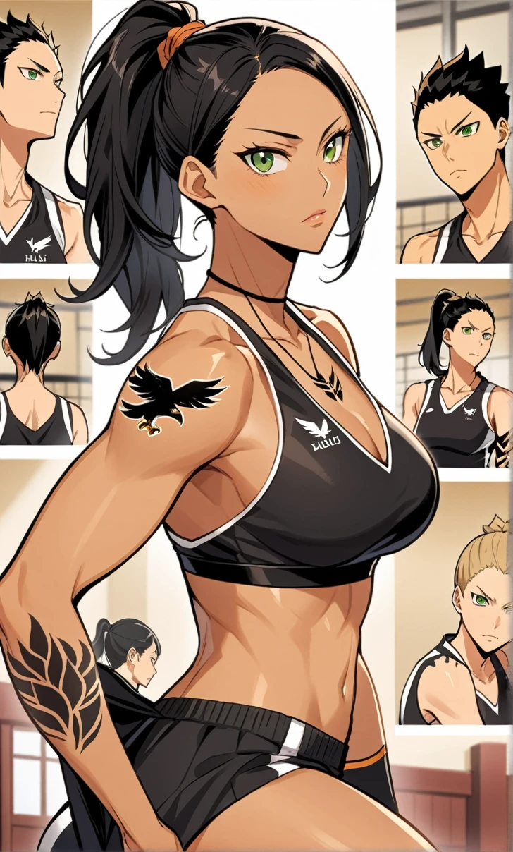 Woman, Athletic and toned body, light skin tone, long black hair tied in a ponytail, green eyes with a penetrating and seductive look, small tattoo of an eagle on the chest, breasts big, neckleace, haikyuu, comic style