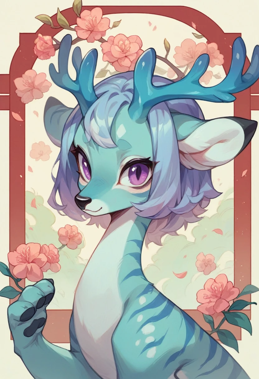 White Japanese Dragon, with violet eyes, dainty, its paws have transparent lilac stripes that highlight its beauty, his antlers are like deer&#39;s and his ears are like deer&#39;s.