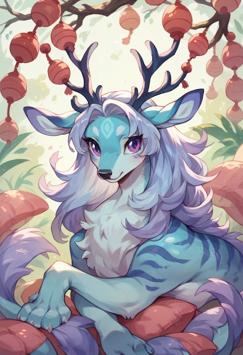 White Japanese Dragon, with violet eyes, dainty, its paws have transparent lilac stripes that highlight its beauty, his antlers are like deer&#39;s and his ears are like deer&#39;s.