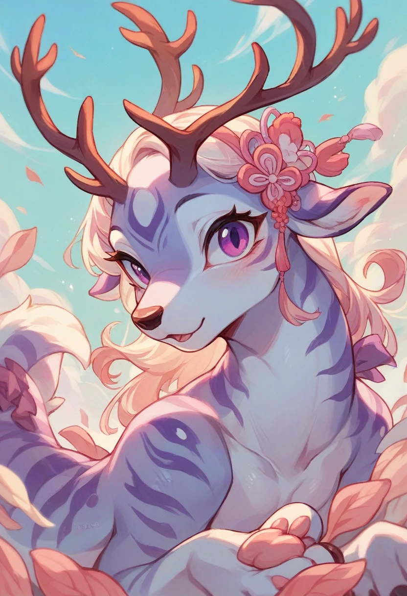 White Japanese Dragon, with violet eyes, dainty, its paws have transparent lilac stripes that highlight its beauty, his antlers are like deer's and his ears are like deer's.