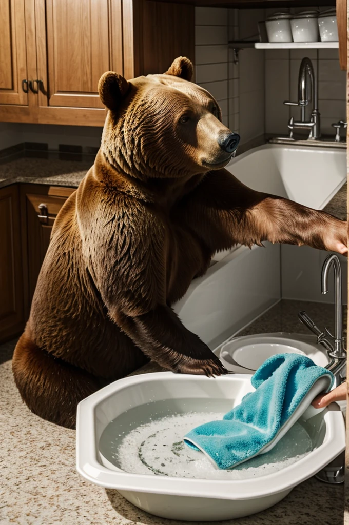 A bear washing dishes 