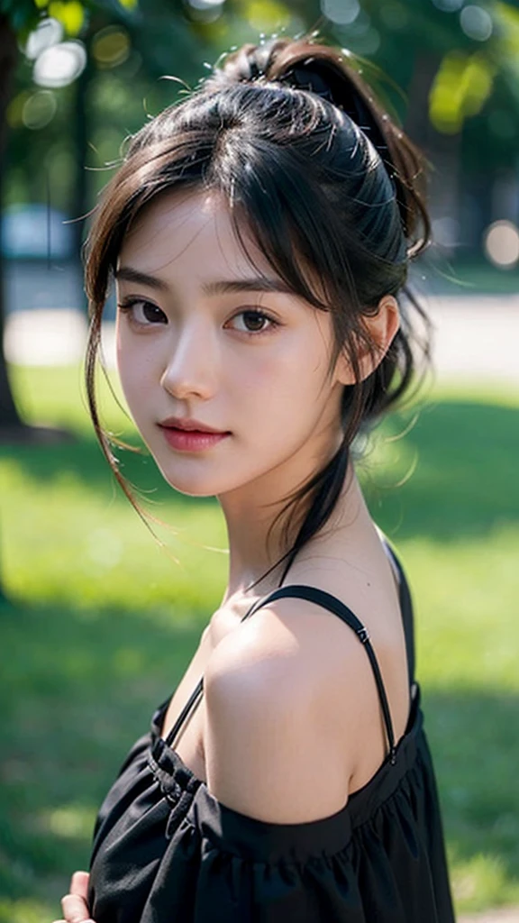 dress,outdoors,Urban Park,On the lawn,One woman,close up face,fully body photo,masutepiece, The highest image quality, High quality, the background is clear,Beautiful woman, Japanese, Detailed, Ultra-detailed, finely detail, hight resolution, 8K Wallpaper, Perfect dynamic composition, Beautiful detailed eyes ,Detailed eyes, Detailed skin, Beautiful skin, 超hight resolution, (reality: 1.4),Very beautiful woman, Slightly younger face, Beautiful skin, slender, (Ultra photo realsisim), (hight resolution), (8K), (Very detailed) (beautifully detailed eyes), (super detailed), (Detailed face), view the viewer, Fine details, Detailed face, Staring straight ahead, Staring straight ahead, photos realistic, Bright lighting, Professional Lighting, Black hair,poneyTail,a baby face,sixteen years old,Hairstyle: ponytail,Long ponytail hairstyle,slight smile,