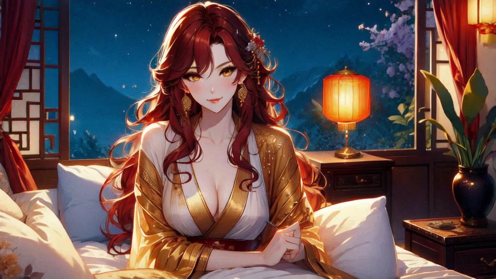 (masterpiece, best quality:1.2), 1women, xian mei, solo golden eyes, long red curly hair, jewellery, perfect anatomy, chinese traditional room, nudity, nude, sexy, hot, night, starry sky, night beautiful sky, shining stars,