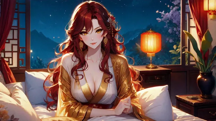 (masterpiece, best quality:1.2), 1women, xian mei, solo golden eyes, long red curly hair, jewellery, perfect anatomy, chinese tr...