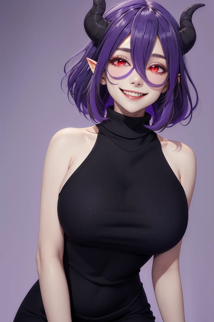 Vermilion,1 girl,Alone,old,dress,Red eyes,large old,demon girl,looking at the viewer,short dress,turtleneck,sleeveless,bare shoulders,black dress,hair between the eyes,virgin killer sweater,multicolor fur,faded hair,evil smile,(purple hair:1.2),simple background,