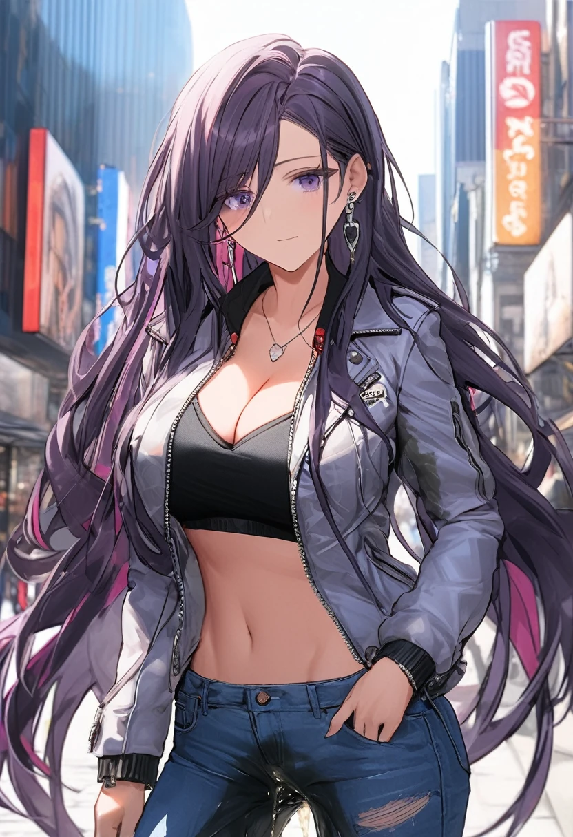 (masterpiece:1.37), best quality, (extremely detailed:1.37), woman, (very long hair:1.5), dark purple hair, purple eyes, (extremely detailed eyes:1.37), (wetting self:1.25), large breasts, stylish jacket, multicolored jackt, jeans, cleavage, navel, city, high-tech, street