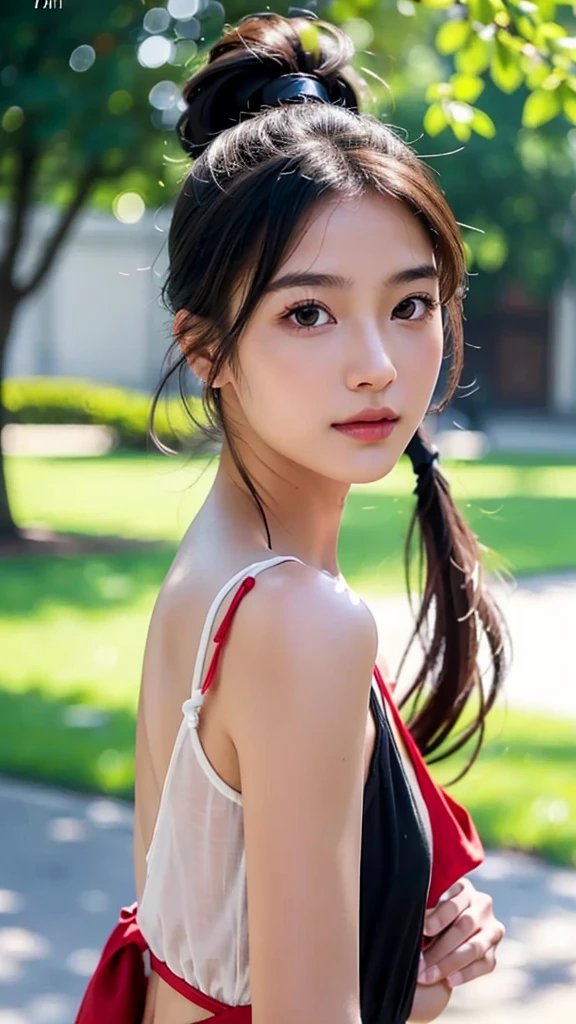 dress,outdoors,Urban Park,On the lawn,One woman,close up face,fully body photo,masutepiece, The highest image quality, High quality, the background is clear,Beautiful woman, Japanese, Detailed, Ultra-detailed, finely detail, hight resolution, 8K Wallpaper, Perfect dynamic composition, Beautiful detailed eyes ,Detailed eyes, Detailed skin, Beautiful skin, 超hight resolution, (reality: 1.4),Very beautiful woman, Slightly younger face, Beautiful skin, slender, (Ultra photo realsisim), (hight resolution), (8K), (Very detailed) (beautifully detailed eyes), (super detailed), (Detailed face), view the viewer, Fine details, Detailed face, Staring straight ahead, Staring straight ahead, photos realistic, Bright lighting, Professional Lighting, Black hair,poneyTail,a baby face,sixteen years old,Hairstyle: ponytail,Long ponytail hairstyle,slight smile,