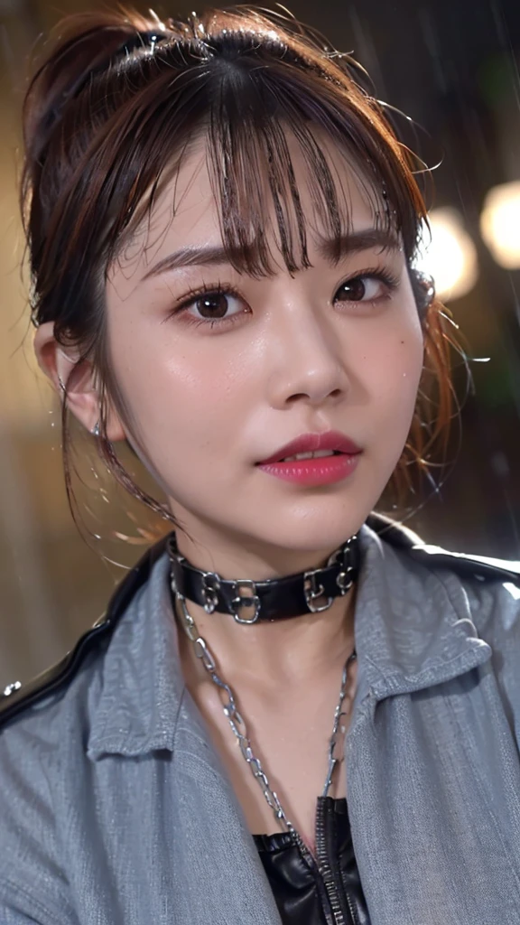 Solo Girl,Very heavy rain,Back alley at night,Soaked Tomboy,Earrings,Punk Rock Fashion,Open jacket with chain,punk rock shirt,Punk rock pants with chains,Chain Accessories,choker,(Soaking wet,Rain dripping from my face,Wet Face,Wet your hair,Moisturized and radiant skin,Soaked costume,),(Shiny silver and orange hair,Short Ponytail),(Princess face composition,Big eyes,Pointed lips,Red lipstick,Cute round face,A smile that makes people happy,blush with embarrassment,blush,),Bold sexy pose,Digital SLR,(8K quality,Tabletop,Highest quality,Ultra-high resolution output images,),Intricate details,(Highly detailed raw photos:1.3),(Picture Mode Ultra HD),squat