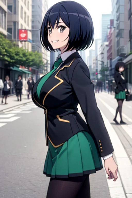 masterpiece, best quality,  sakurada, black blazer, black jacket, long sleeves, green necktie, green skirt, black pantyhose, large breasts, grin, city street, walking, looking at viewer, from side