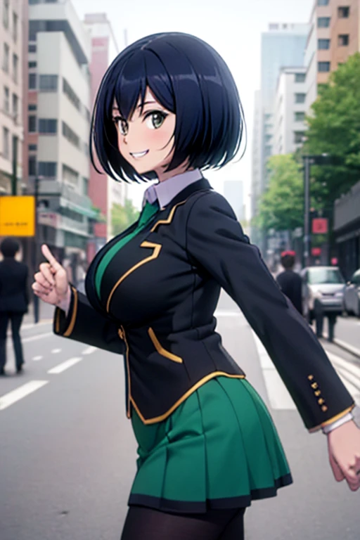 masterpiece, best quality,  sakurada, black blazer, black jacket, long sleeves, green necktie, green skirt, black pantyhose, large breasts, grin, city street, walking, looking at viewer, from side