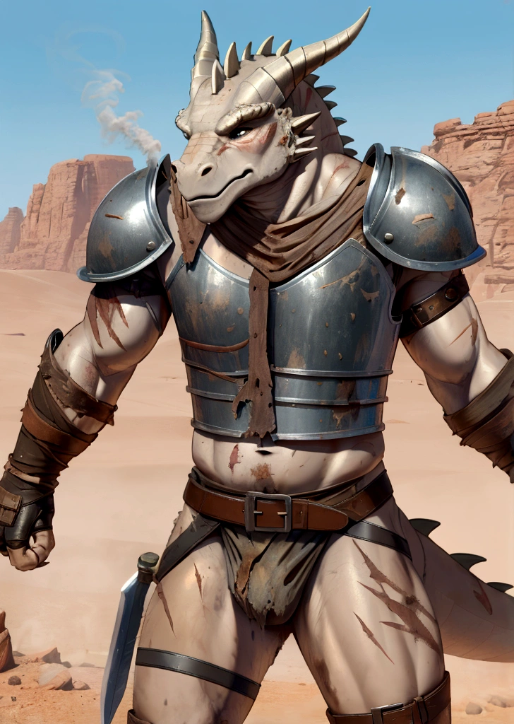 Solo Sexy anthro scalie dragon male mercenary medieval solider, slim endomorph muscular handsone model male apperance, sword scars, worn out rusty skimpy armament, low on hips heavy leather belt, old very worn out skimpy dirty linen material jockstrap, old yellow dirty worn out stains on white jockstrap, studded skimpy armlets breastplate armor, skimpy breastplate, leather bondages, fingerless leather gloves, smelly unwashed husk, dirty body look, desert battlefield, standing in sexy fighting position, close view of full character