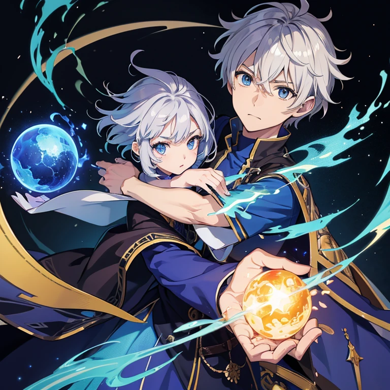 masterpiece, Highest quality, High resolution，Anime Style、Anatomically correct、Follow the prompts、Silver Hair、Short Hair、male、male、One person、Five fingers enveloping a ball of blue flame、ほっそりしたmaleの腕、Two arms、Short Hair、Wizard、Robe、magic、Blue flames fly around、Hold a spellbook in your left hand only、Float a blue ball of fire 1cm above your right hand、Upper body only、stand、
