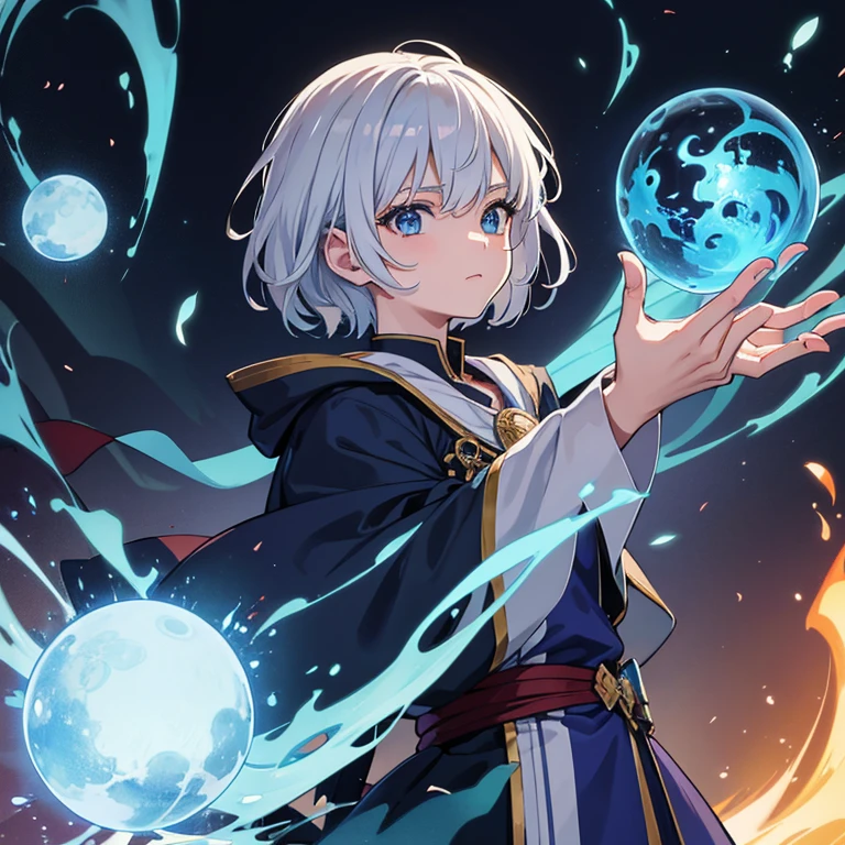 masterpiece, Highest quality, High resolution，Anime Style、Anatomically correct、Follow the prompts、Silver Hair、Short Hair、male、male、One person、Five fingers enveloping a ball of blue flame、ほっそりしたmaleの腕、Two arms、Short Hair、Wizard、Robe、magic、Blue flames fly around、Hold a spellbook in your left hand only、Float a blue ball of fire 1cm above your right hand、Upper body only、stand、