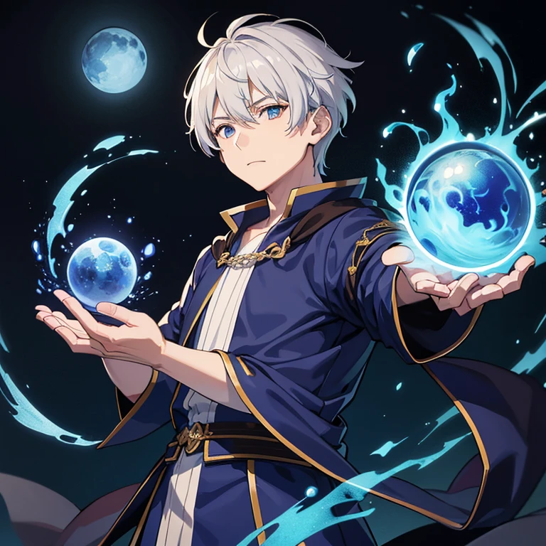 masterpiece, Highest quality, High resolution，Anime Style、Anatomically correct、Follow the prompts、Silver Hair、Short Hair、male、male、One person、Five fingers enveloping a ball of blue flame、ほっそりしたmaleの腕、Two arms、Short Hair、Wizard、Robe、magic、Blue flames fly around、Hold a spellbook in your left hand only、Float a blue ball of fire 1cm above your right hand、Upper body only、stand、