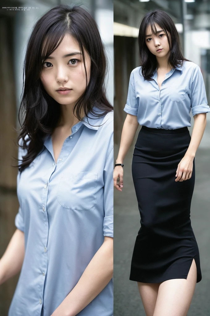 (((One girl,alone))),(Highly realistic photos, High resolution, Detailed face, Beautiful Eyes) Japanese women, 21 years old, Cute face, alone:1, Nice body, Plump figure, Medium chest, ,Hairstyle, Very closely tied, Take a photo book,Thighs、Dark Sky、darkness、Blade Runner,shirt、walk,Healthy Body