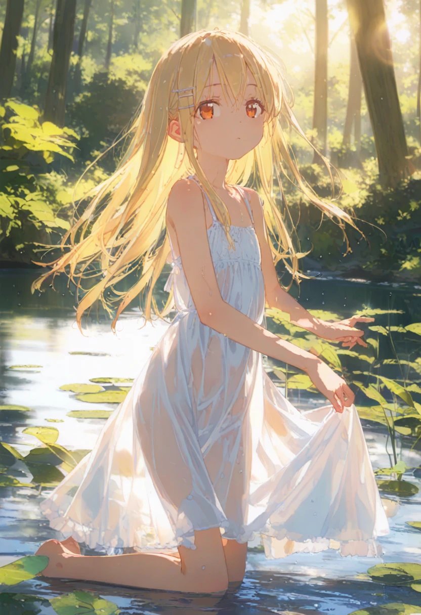 score_9,score,sauce_anime, Break 1 Girl, alone, shinosawa hiro, thin, Orange eyes, White eyelashes, blonde, Long Hair, Hair Clip, , Flat Chest, slim, rib, Water Play, Dress Lift, Wet, See-through silhouette, sunLight, Light, bloom, Lens flare, dark, Cowboy Shot, From behind, Remember, (masterpiece:1.2, Highest quality), (Beautiful and beautiful eyes: 1.2), (Beautiful and dense face), (Sharp facial hair between the eyes)、Dynamic Pose Glossy Skin, Pale skin, Secret Realm, Small Lake, forest, Kneeling on the lake, SunLight shadow, Written boundary depth, close, close range