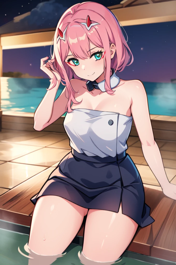 masterpiece, best quality, (1girl), zero_two, darling in the franxx\(series\), towel, detached collar, outdoor, night Hot springs, shiny skin, from above, thigh thighs, smile face, lift skirt