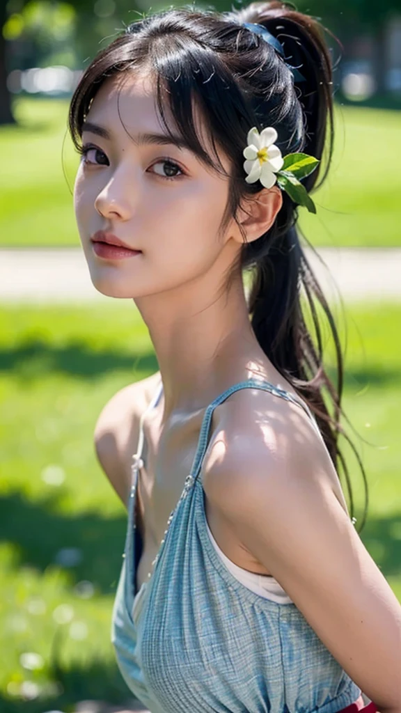 dress,outdoors,Urban Park,On the lawn,One woman,close up face,fully body photo,masutepiece, The highest image quality, High quality, the background is clear,Beautiful woman, Japanese, Detailed, Ultra-detailed, finely detail, hight resolution, 8K Wallpaper, Perfect dynamic composition, Beautiful detailed eyes ,Detailed eyes, Detailed skin, Beautiful skin, 超hight resolution, (reality: 1.4),Very beautiful woman, Slightly younger face, Beautiful skin, slender, (Ultra photo realsisim), (hight resolution), (8K), (Very detailed) (beautifully detailed eyes), (super detailed), (Detailed face), view the viewer, Fine details, Detailed face, Staring straight ahead, Staring straight ahead, photos realistic, Bright lighting, Professional Lighting, Black hair,poneyTail,a baby face,sixteen years old,Hairstyle: ponytail,Long ponytail hairstyle,slight smile,