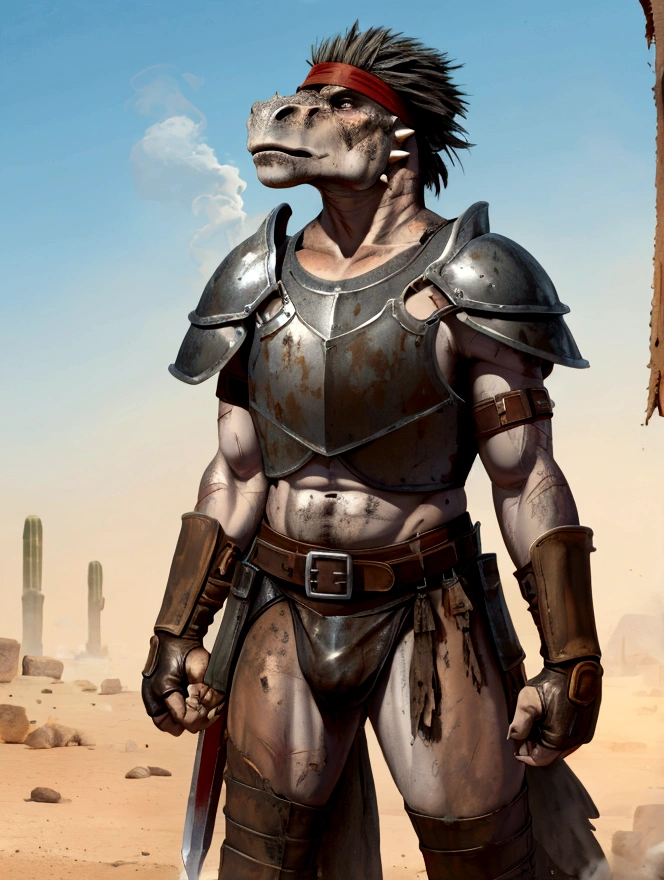 Solo Sexy anthro scalie dino male mercenary medieval solider, slim endomorph muscular handsone model male apperance, headband, sword scars, worn out rusty skimpy armament, low on hips heavy leather belt, old very worn out skimpy dirty linen material jockstrap, old yellow dirty worn out stains on white jockstrap, studded skimpy armlets breastplate armor, skimpy breastplate, leather bondages, fingerless leather gloves, smelly unwashed husk, dirty body look, desert battlefield, standing in sexy fighting position, close view of full character