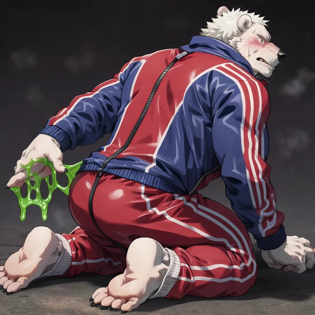 severed hand opening zip attached to kneel polar bear dad skin , track suit no shirt , detailed white feet five toes with white sock, profile, evil smug blush sweating , kemono , high quality , by rossciaco ( rear view) , covered in transparent slime