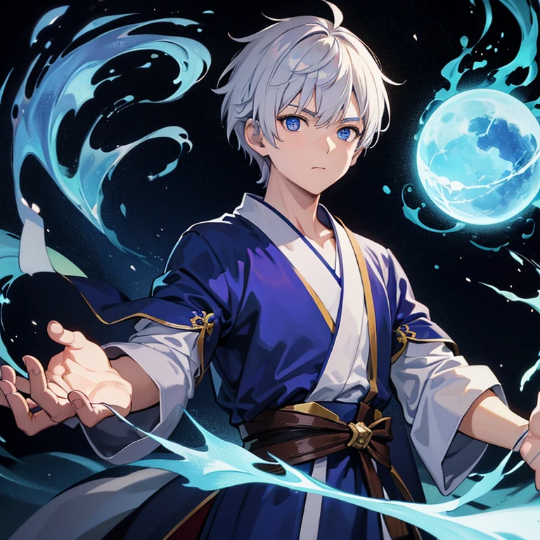 masterpiece, Highest quality, High resolution，Anime Style、Anatomically correct、Follow the prompts、Silver Hair、Short Hair、male、male、One person、Five Fingers、ほっそりしたmaleの腕、Two arms、Short Hair、Wizard、Robe、magic、Blue flames fly around、Hold the spellbook in your left hand、Float a blue ball of fire above your right hand、Upper body only、stand、