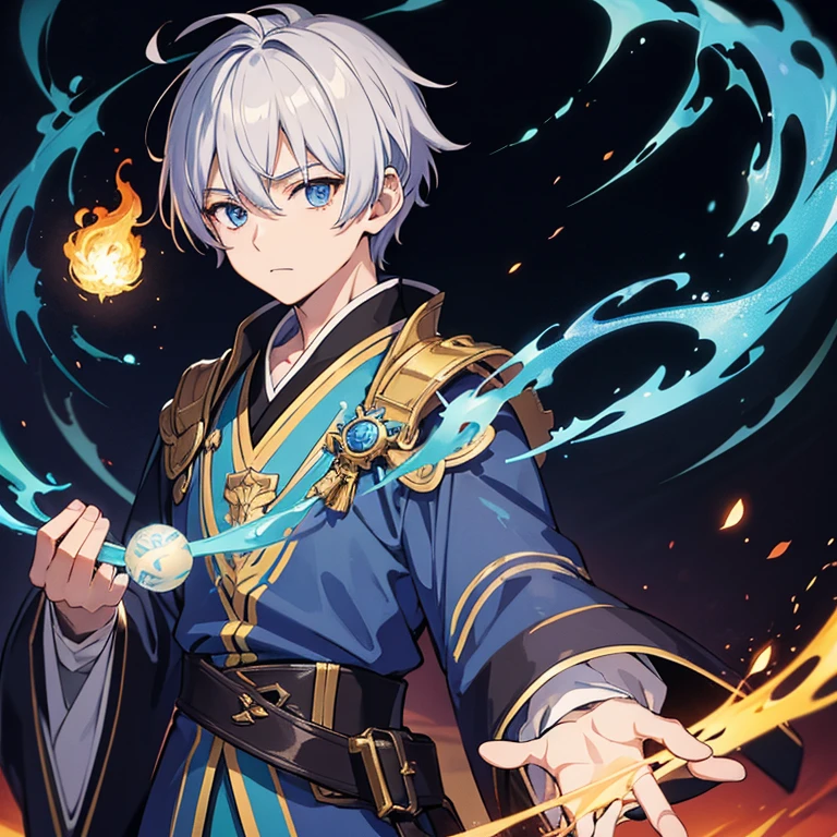 masterpiece, Highest quality, High resolution,Anime Style、Anatomically correct、Follow the prompts、Silver Hair、Short Hair、male、male、One person、Five fingers enveloping a ball of blue flame、ほっそりしたmaleの腕、Two arms、Short Hair、Wizard、Robe、magic、Blue flames fly around、Holding a spellbook in one hand、Float a blue ball of fire 1cm above your right hand、Upper body only、stand、