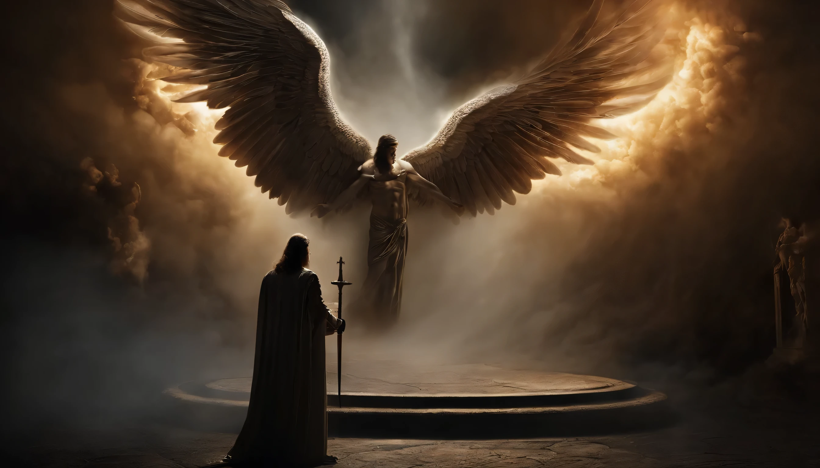 an image of the angel Michael the Archangel, with a sword standing in hell, angel in hell, archangel, angels vs demons, angel watching demon, angels and demons, angel protecting man, Arcanjo Miguel, the angel of death, Battle between angels and demons, super wide angel, epic angel wings, angels protecting a praying man, human need death angel. ((epic image)), ((high qualiy)), glowing light eyes, Biomechanicals, weirdcore, frightful, nightmarish, very bright colors, light particles, with bright light, Mshiff, Wallpaper Art, UHD Wallpaper, Arcanjo glowing light eyes, Biomechanicals, weirdcore, frightful, nightmarish, very bright colors, light particles, with bright light, Mshiff, Wallpaper Art, UHD Wallpaper