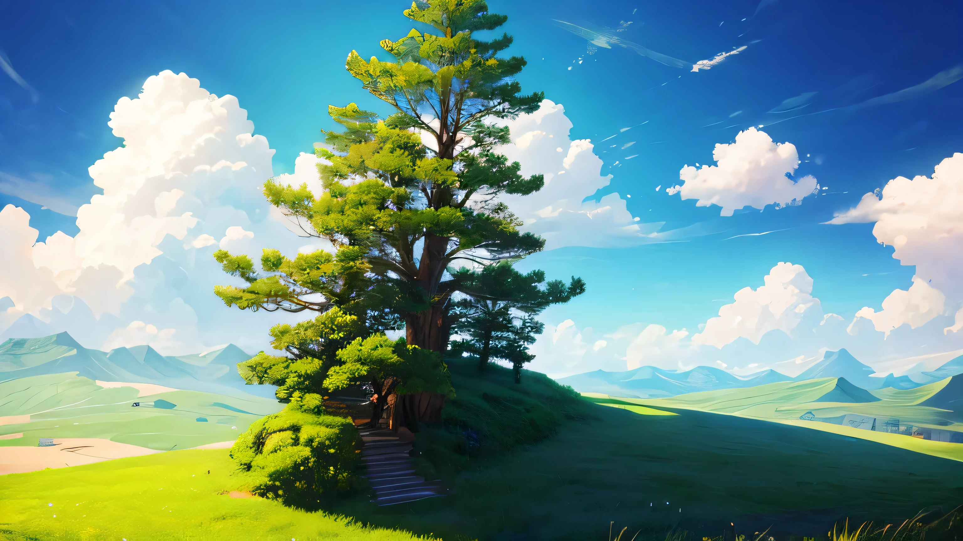 create a tiny world effect image with books as the subject. background is a solid bright greenscreen. light whispy clouds