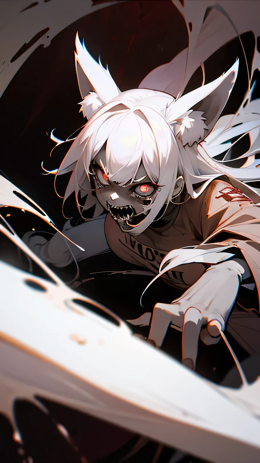 anime style girl that looks like a fox, but she is like a zombie with worms inside, horror, very scary, she is very scary, creepy, angry, she looks like a zombie, her skin is very white