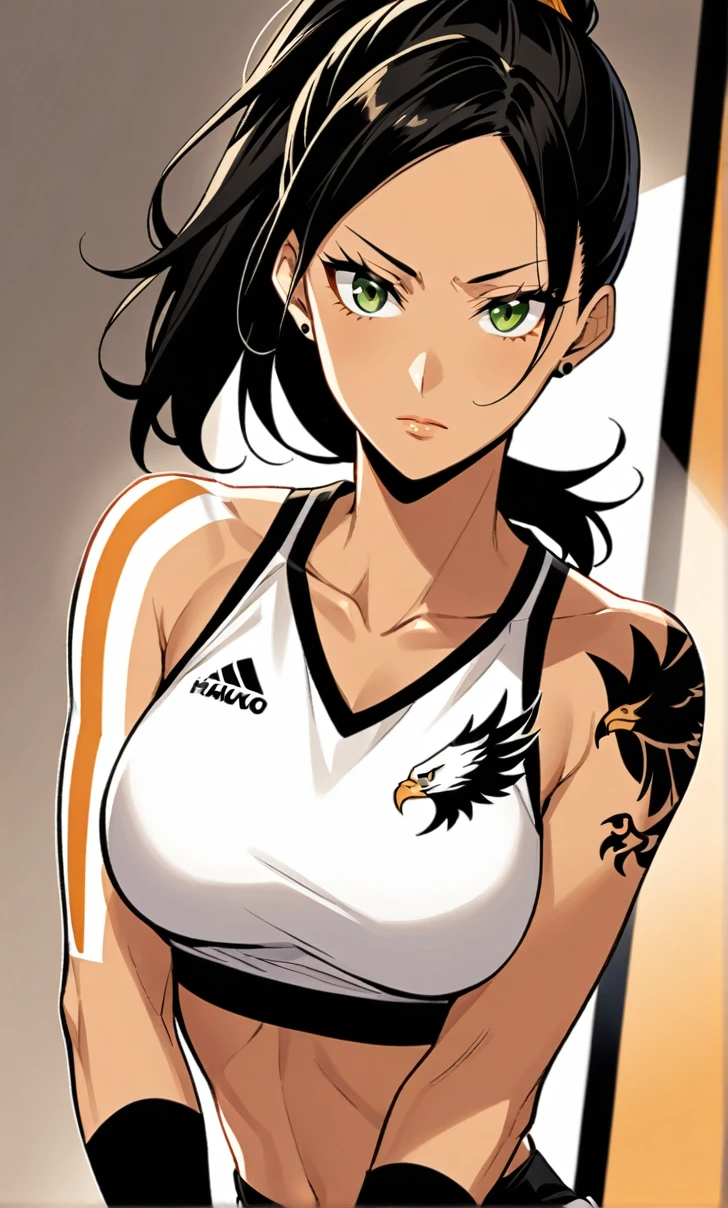 Woman, Athletic and toned body, light skin tone, long black hair tied in a ponytail, green eyes with a penetrating and seductive look, small tattoo of an eagle on the chest, breasts big, neckleace, haikyuu, comic style

