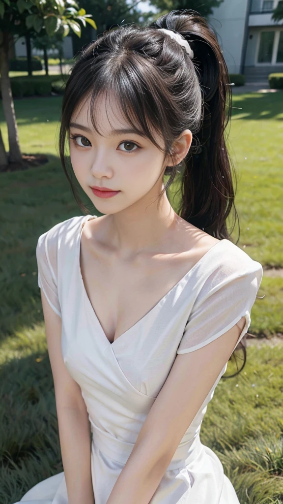 collared dress,european city park,On the lawn,One woman,masutepiece, The highest image quality, High quality, the background is clear,Beautiful woman, Japanese,Ultra-detailed, finely detail, hight resolution, 8K Wallpaper, Perfect dynamic composition, Beautiful detailed eyes , Detailed, Detailed eyes, Detailed skin, Beautiful skin, 超hight resolution, (reality: 1.4),Very beautiful woman, Slightly younger face, Beautiful skin, slender, (Ultra photo realsisim), (hight resolution), (8K), (Very detailed) (beautifully detailed eyes), (super detailed), (Detailed face), view the viewer, Fine details, Detailed face, Staring straight ahead, Staring straight ahead, photos realistic, Bright lighting, Professional Lighting, Black hair,poneyTail,a baby face,sixteen years old,Hairstyle: ponytail,Long ponytail hairstyle,slight smile,neat and tidy clothing,Beautiful Japanese KPOP idol photo, hair style is ponytail, my eyes are double and wide, baby face, smile and look straight ahead, slender, small breasts,Close up face,