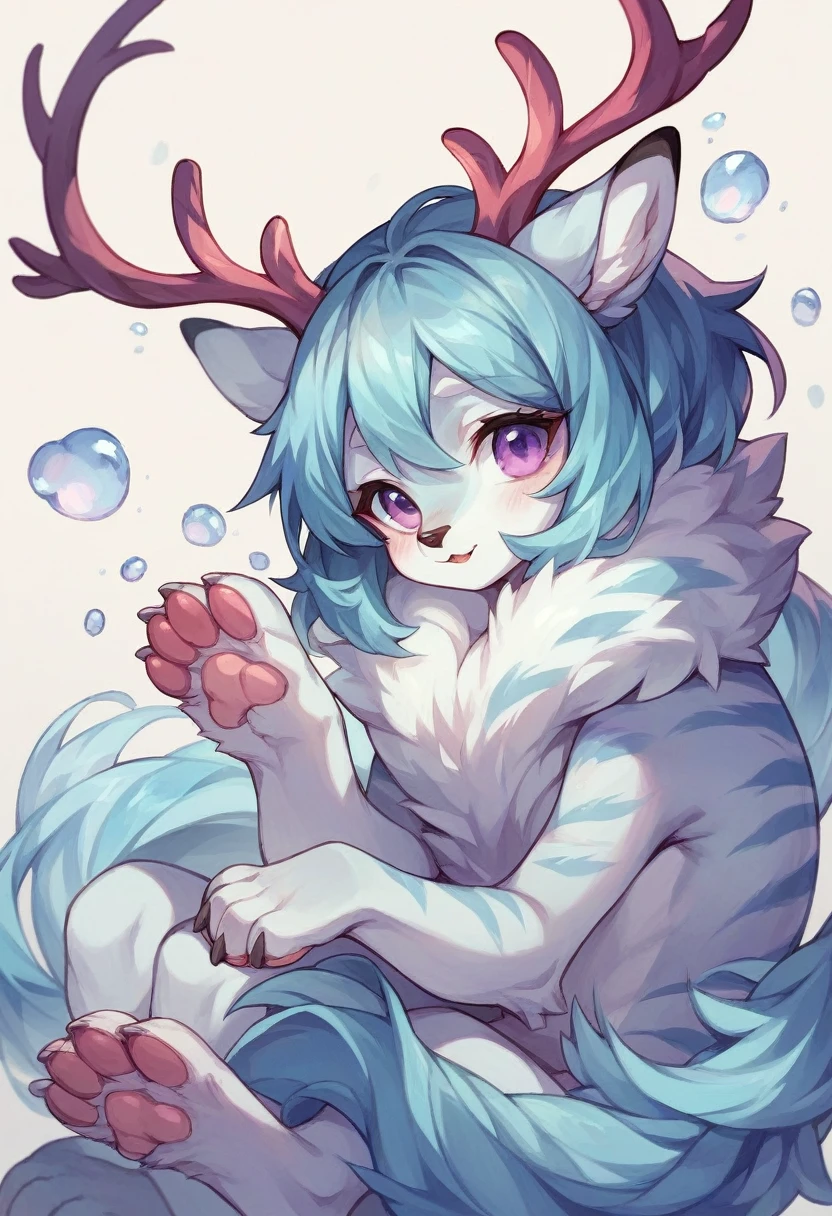 White Japanese Dragon, with violet eyes, dainty, its paws have transparent lilac stripes that highlight its beauty, his antlers are like deer's and his ears are like deer's, white fur and in the background there are feathers constellations in the middle of a flower field.