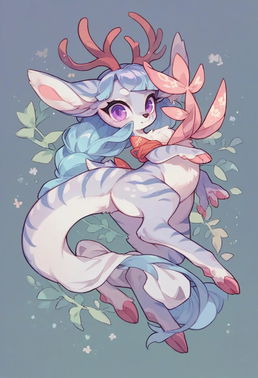 White Japanese Dragon, with violet eyes, dainty, its paws have transparent lilac stripes that highlight its beauty, his antlers are like deer's and his ears are like deer's, white fur and in the background there are feathers constellations in the middle of a flower field.