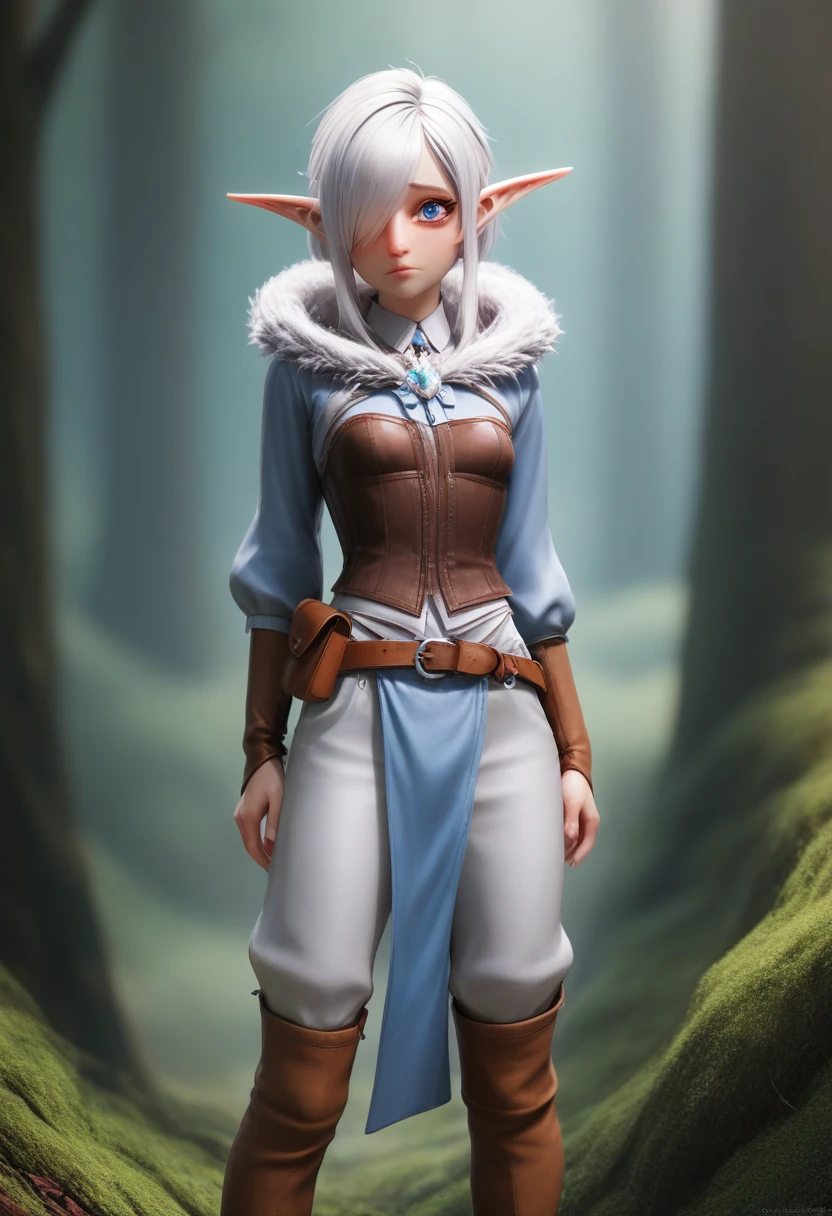 ((Best Quality)), (Masterpiece)), (Details: 1.4), Absurd Resolution, High Resolution, (Masterpiece: 1.4), Ultra Detailed, detailed gnome girl with pale skin, short stature, and very long silver hair that curls at the ends, covering one eye, with small breasts, pouty lips, and bright blue anime-style eyes with long lashes, wearing a corset, white puffy long sleeved shirt, and puffy cloth pants, leather bound boots, set in a windy fantasy landscape, (best quality,4k,8k,highres,masterpiece:1.2),ultra-detailed, dungeons and dragons, long elf ears, small girl, detailed skin and cloth textures, cute detailed face, intricate details, extremely detailed, 1girl, dynamic pose with hair covering one eye, shy personality, puffy cloth pants with leather belt, detailed privateer outfit, detailed buccaneer outfit, pouch on belt, wearing ornate leather armor with fur trim, silver inlay detail, wearing fur trimmed boots, wearing fur trimmed gloves, short, short height, halfing girl, small girl