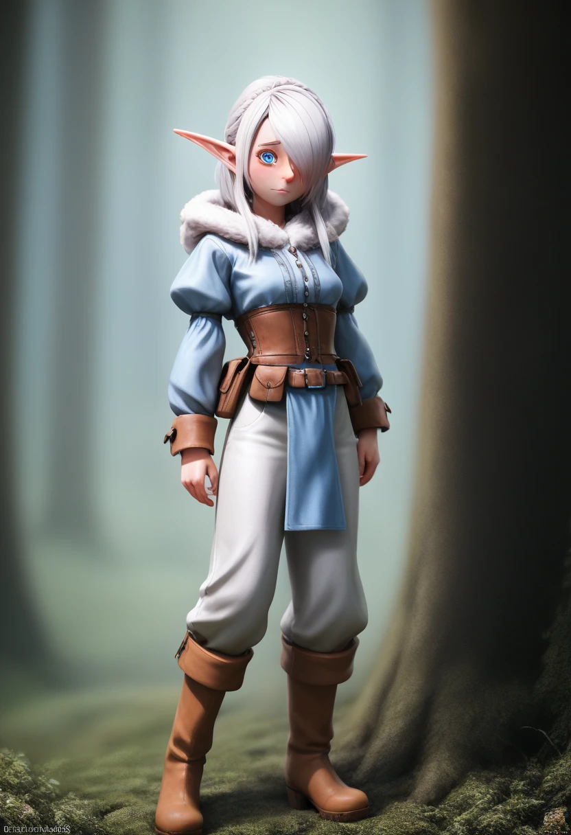 ((Best Quality)), (Masterpiece)), (Details: 1.4), Absurd Resolution, High Resolution, (Masterpiece: 1.4), Ultra Detailed, detailed gnome girl with pale skin, short stature, and very long silver hair that curls at the ends, covering one eye, with small breasts, pouty lips, and bright blue anime-style eyes with long lashes, wearing a corset, white puffy long sleeved shirt, and puffy cloth pants, leather bound boots, set in a windy fantasy landscape, (best quality,4k,8k,highres,masterpiece:1.2),ultra-detailed, dungeons and dragons, long elf ears, small girl, detailed skin and cloth textures, cute detailed face, intricate details, extremely detailed, 1girl, dynamic pose with hair covering one eye, shy personality, puffy cloth pants with leather belt, detailed privateer outfit, detailed buccaneer outfit, pouch on belt, wearing ornate leather armor with fur trim, silver inlay detail, wearing fur trimmed boots, wearing fur trimmed gloves, short, short height, halfing girl, small girl