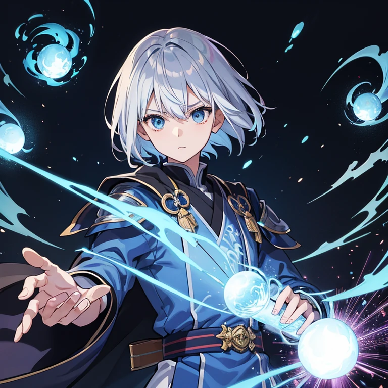 masterpiece, Highest quality, High resolution,Anime Style、Anatomically correct、Follow the prompts、Silver Hair、Short Hair、male、male、One person、Five Fingers、ほっそりしたmaleの腕、Two arms、Short Hair、Wizard、Robe、magic、Blue flames fly around、Hold the spellbook in your left hand、Float a blue ball of fire above your right hand、Upper body only、stand、