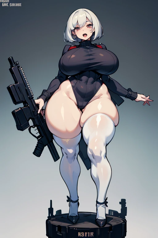 exited, smile, scream, Open mouth, young girl, Pullover, whole body to see, bob cut hair, (( very wide hips)), (((colossal Thighs, gigantic thighs, very huge thighs, very big thighs))), fullbody, platform heels, pale skin, very Big breast, gun, soldier girl , full body, military , high cut leotard, cyberpunk, battle, tight hose stockings,
