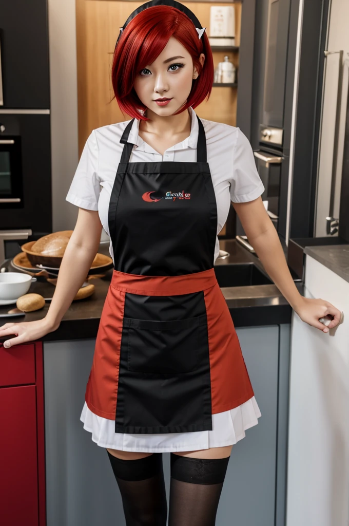 solo,1girl(big breast)(masterpiece, best quality:1.2),Ellen Jo,Zenless Zone Zero,alternate costume ,maid, shark tail, (shark girl:0.5), short hair,black hair,red eyes, tail, pantyhose,multicolored hair, black footwear, short sleeves, apron, wrist cuffs, maidheaddress, stockings, nyantchaellen joe, black hair, red hair,colored inner hair, multicolored hair, (red eyes:1.3), red hair, short hair, two-tone hair,apron, black pantyhose, black shirt, ear piercing,