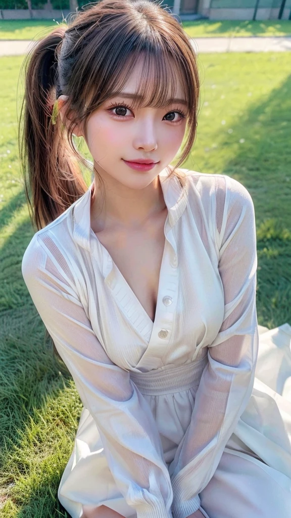 One piece with collar,outdoors,Urban Park,On the lawn,Ultra-detailed, finely detail, hight resolution, 8K Wallpaper, Perfect dynamic composition, Beautiful detailed eyes,Outdoor,Close-up of face,Outdoor,Blushing,Facing forward,,Long hair ponytail,((8k, Raw photo, Best Quality, Mastepiece:1.2), (Realism, Photorealistic:1.4), (Highly detailed 8K wallpapers), Depth of written boundary, Cinematic Lighting, Soft Light, Detailed Beauty Eye,Shiny and smooth light brown ponytail, Asymmetrical bangs, Shiny skin, Ultra-detailed skins ,It is high resolution., High detail, Detailed hairstyle, Detailed facial beauty, Hyper-realistic, Perfect limbs, Perfect Anatomy ,1 Japanese girl,Famous Japanese Idols, Perfect female body,A shy smile,Short eyelashes,Double-edged eyelids,Look straight here,Hair style: ponytail,