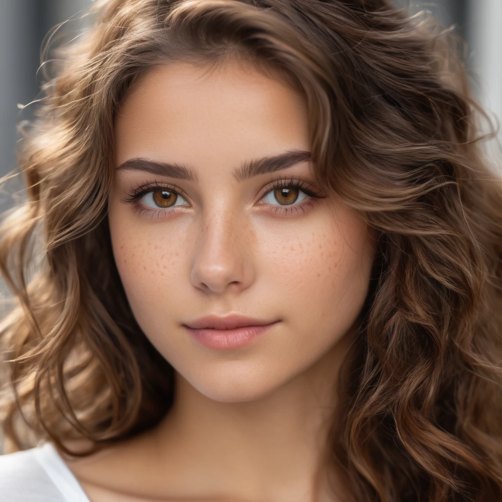 pretty young woman, Cute beautiful , innocent face, naturally brown long wavy hair , high-res, masterpiece, best qulaity, Intricate detailing, sharp focus, detailed skin, realistie Hauttextur, Textur, detailled eyes, professional, 4K, charming smile, taken with Canon, 85 mm, perfectly fitting body, extremely detail, photoshot_\(ultra\), fotorealisti, realisti, Post processing, maximum details, roughness, real life, ultrarealisti, photoshotrealismus, photoshotgrafie, 8K UHD, photoshotgrafie , brown eyes , big brown eyes with long eyelashes, some light freckles on the nose, brown short hair , beauty dimple , looks directly at the camera , ultra realistic,moyenne taille