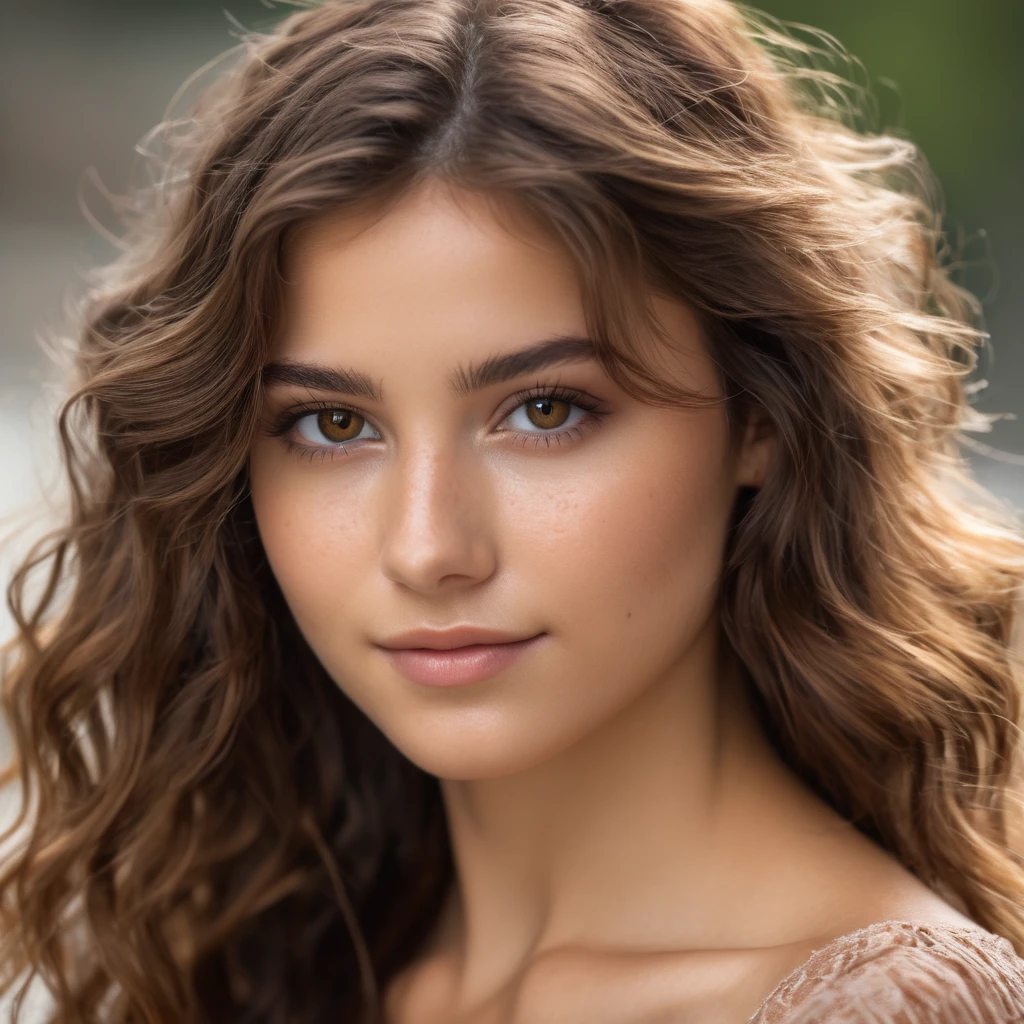 pretty young woman, Cute beautiful , innocent face, naturally brown long wavy hair , high-res, masterpiece, best qulaity, Intricate detailing, sharp focus, detailed skin, realistie Hauttextur, Textur, detailled eyes, professional, 4K, charming smile, taken with Canon, 85 mm, perfectly fitting body, extremely detail, photoshot_\(ultra\), fotorealisti, realisti, Post processing, maximum details, roughness, real life, ultrarealisti, photoshotrealismus, photoshotgrafie, 8K UHD, photoshotgrafie , brown eyes , big brown eyes with long eyelashes, some light freckles on the nose, brown short hair , beauty dimple , looks directly at the camera , ultra realistic,moyenne taille