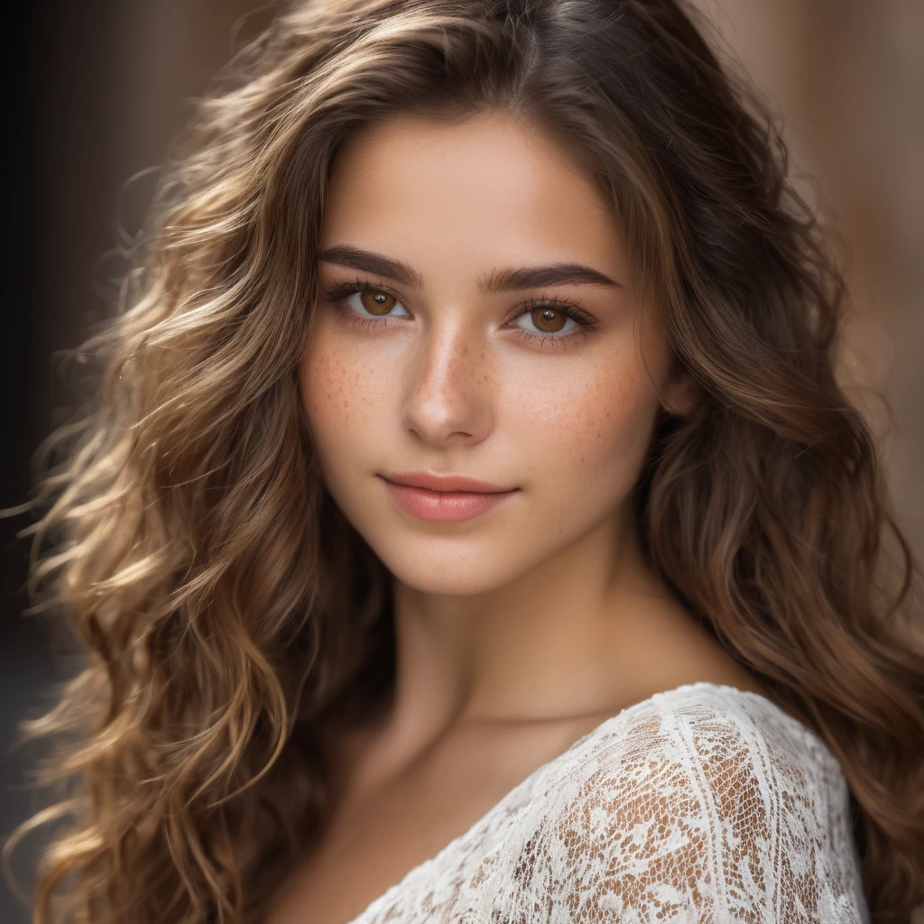  pretty young woman, Cute beautiful , innocent face, naturally brown long wavy hair , high-res, ​masterpiece, best qulaity, Intricate detailing, sharp focus, detailed skin, realistie Hauttextur, Textur, detailled eyes, professional, 4K, charming smile, taken with Canon, 85 mm, perfectly fitting body, extremely detail, photoshot_\(ultra\), fotorealisti, realisti, Post processing, maximum details, roughness, real life, ultrarealisti, photoshotrealismus, photoshotgrafie, 8K UHD, photoshotgrafie , brown eyes , big brown eyes with long eyelashes, some light freckles on the nose, brown short hair , beauty dimple , looks directly at the camera , ultra realistic,moyenne taille