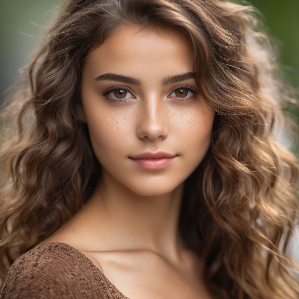pretty young woman, Cute beautiful , innocent face, naturally brown long wavy hair , high-res, masterpiece, best qulaity, Intricate detailing, sharp focus, detailed skin, realistie Hauttextur, Textur, detailled eyes, professional, 4K, charming smile, taken with Canon, 85 mm, perfectly fitting body, extremely detail, photoshot_\(ultra\), fotorealisti, realisti, Post processing, maximum details, roughness, real life, ultrarealisti, photoshotrealismus, photoshotgrafie, 8K UHD, photoshotgrafie , brown eyes , big brown eyes with long eyelashes, some light freckles on the nose, brown short hair , beauty dimple , looks directly at the camera , ultra realistic,moyenne taille