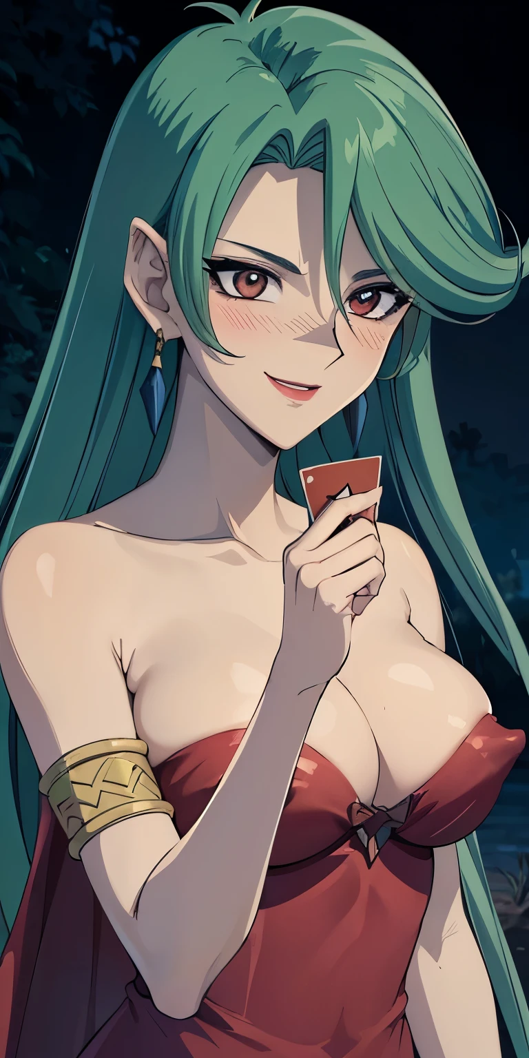 1 Female,High definition,high resolution,Ultra-realistic,8K, Camula, 1girl, solo,clear skin, long red dress, armlets,clear skin, evil smile,European,sexy,Upper body close-up,Photographed from the front,Dynamic Angles,private teacher,blush, big , (nipples) ,show ,4k, high resolution, detailed face,((upper body)), moonlight, graveyard,dark sky, (holding a card)