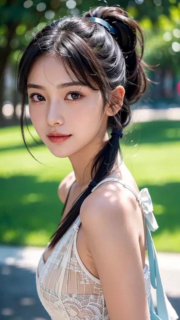 dress,outdoors,Urban Park,On the lawn,One woman,close up face,fully body photo,masutepiece, The highest image quality, High quality, the background is clear，Beautiful woman, Japanese, Detailed, Ultra-detailed, finely detail, hight resolution, 8K Wallpaper, Perfect dynamic composition, Beautiful detailed eyes ,Detailed eyes, Detailed skin, Beautiful skin, 超hight resolution, (reality: 1.4),Very beautiful woman, Slightly younger face, Beautiful skin, slender, (Ultra photo realsisim), (hight resolution), (8K), (Very detailed) (beautifully detailed eyes), (super detailed),   (Detailed face), view the viewer, Fine details, Detailed face, Staring straight ahead, Staring straight ahead, photos realistic, Bright lighting, Professional Lighting, Black hair,poneyTail,a baby face,sixteen years old,Hairstyle: ponytail,Long ponytail hairstyle,slight smile,